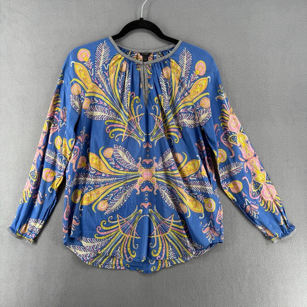 J Crew Silk Blend Long Sleeve Boho Top Womens XS Blue Lightweight